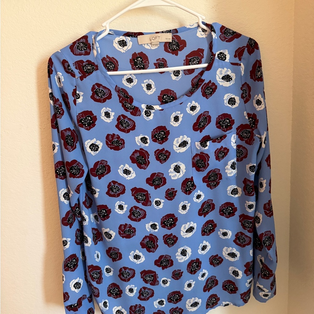 LOFT Periwinkle Blue Floral Long-Sleeve Pocket Blouse